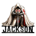 Knights Templar metal sign featuring a hooded knight in armor with sword, shield, and red cross details