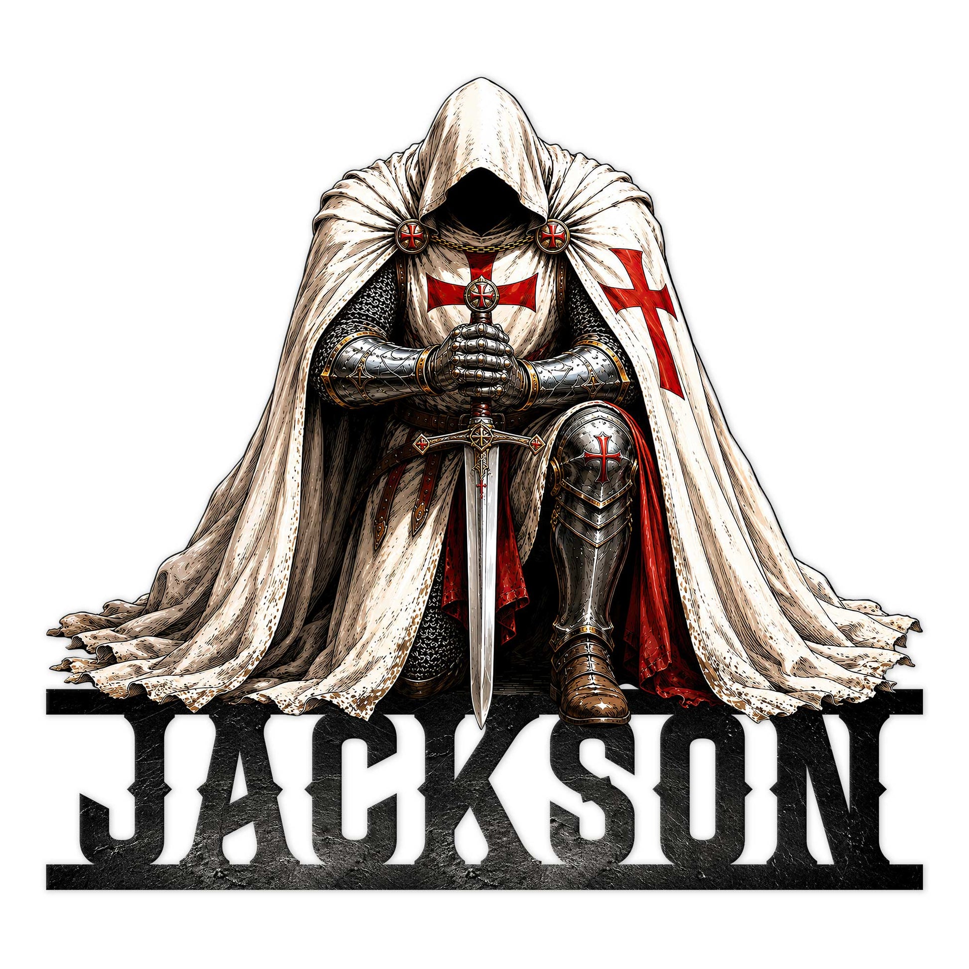 Knights Templar metal sign featuring a hooded knight in armor with sword, shield, and red cross details