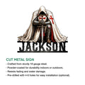 Knights Templar cut metal sign feature guide showing the armored knight design and product construction details