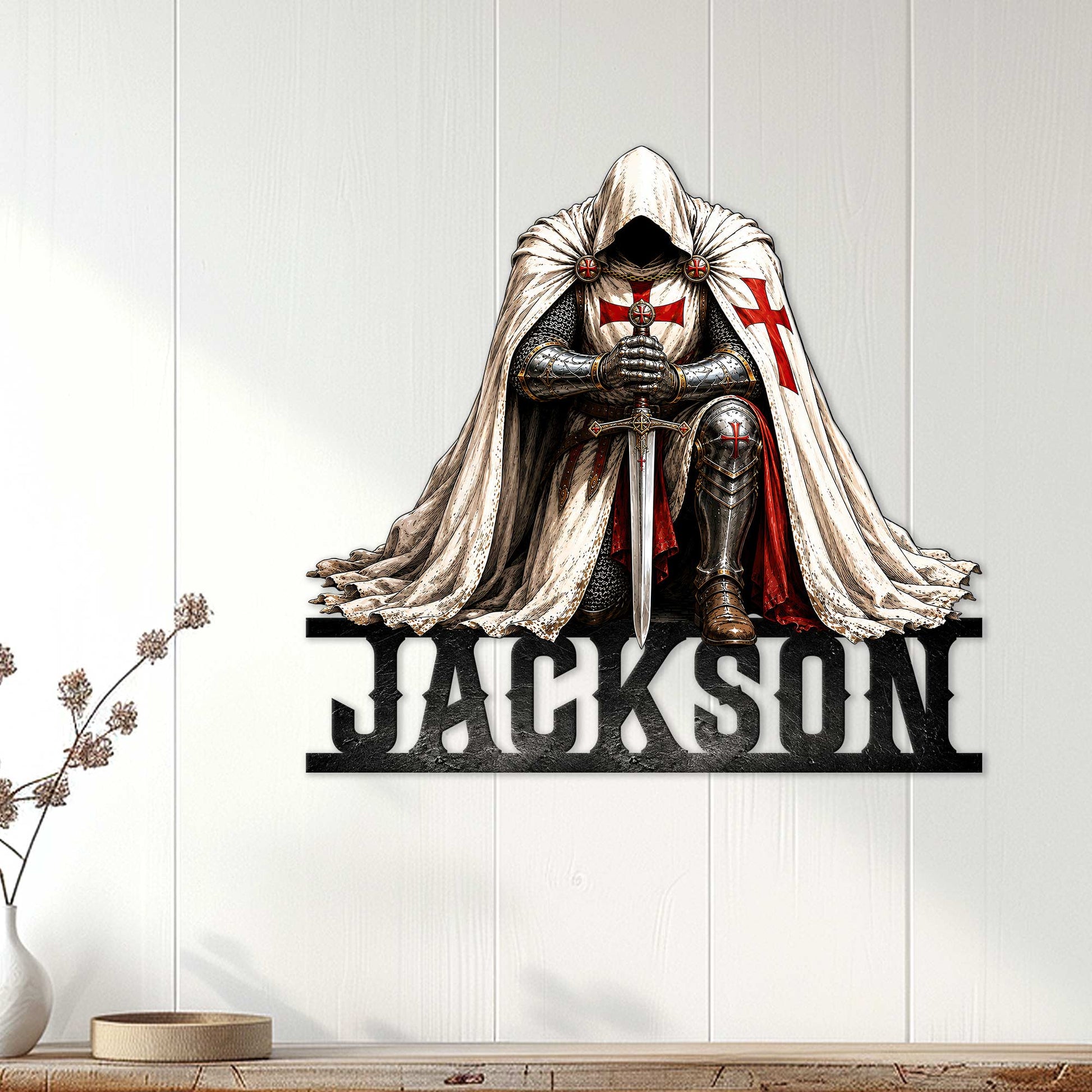 Knights Templar wall sign displayed on a light wood-paneled wall as medieval-inspired home decor