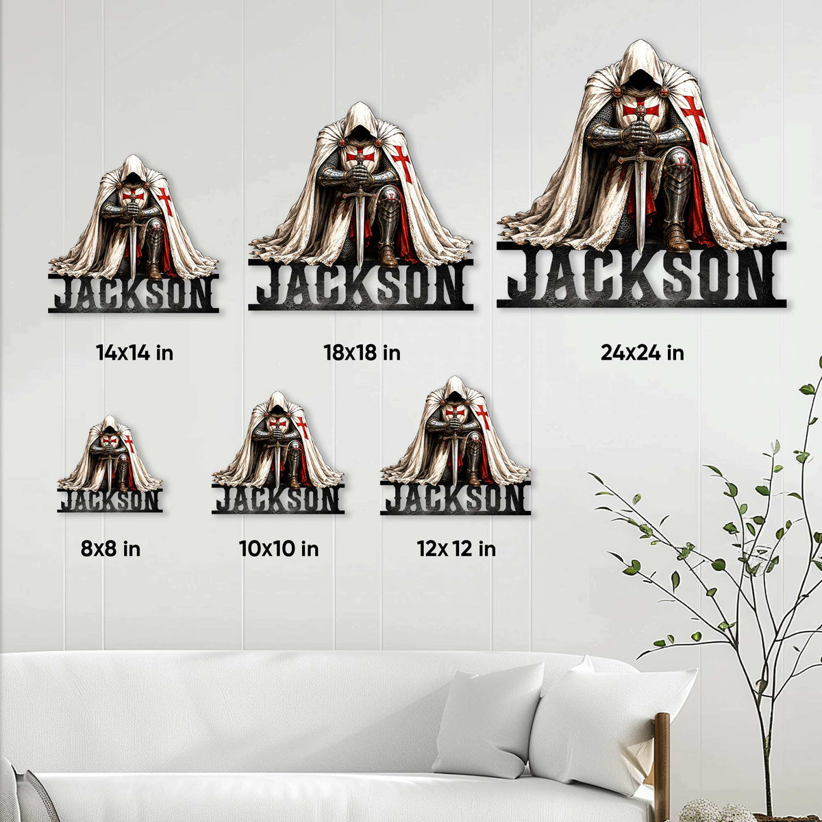 Knights Templar metal sign size guide showing available square sizes from 8 by 8 to 24 by 24 inches