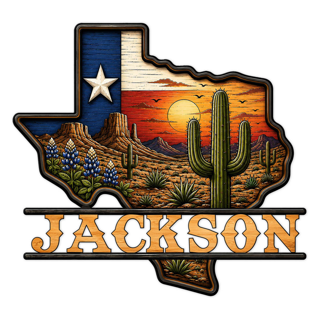 Custom Texas-shaped metal sign with Lone Star flag, desert sunset, cacti, mountains, and bluebonnets