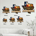 Texas metal sign size guide displayed in multiple size options above a living room sofa
