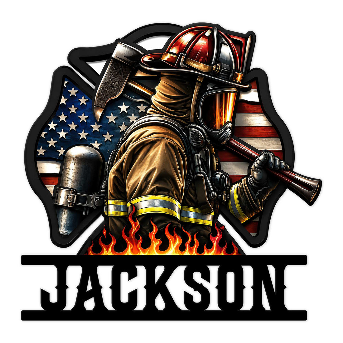 Custom firefighter metal sign featuring a helmeted firefighter, axe, flames, and American flag backdrop