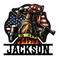 Custom firefighter metal sign featuring a helmeted firefighter, axe, flames, and American flag backdrop