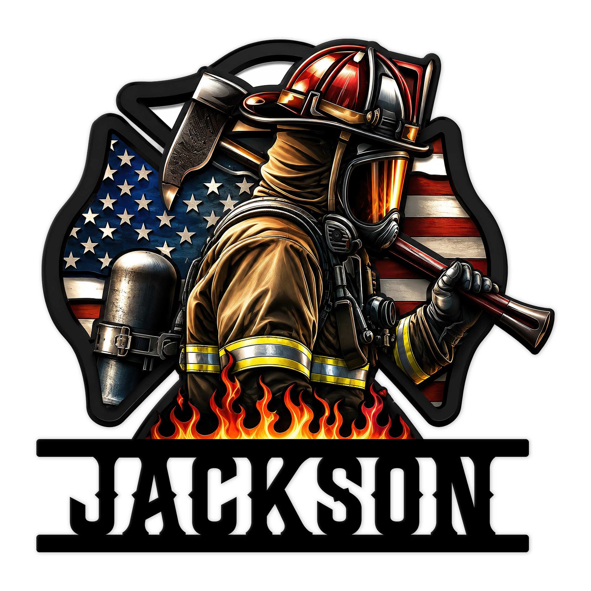 Custom firefighter metal sign featuring a helmeted firefighter, axe, flames, and American flag backdrop