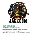 Firefighter metal sign product graphic showing the patriotic firefighter artwork and cut-metal sign details