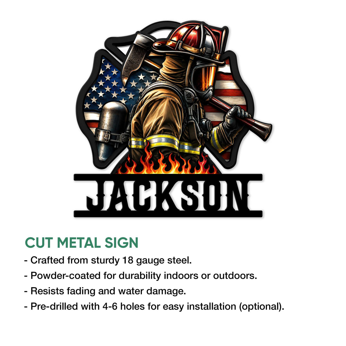 Firefighter metal sign product graphic showing the patriotic firefighter artwork and cut-metal sign details