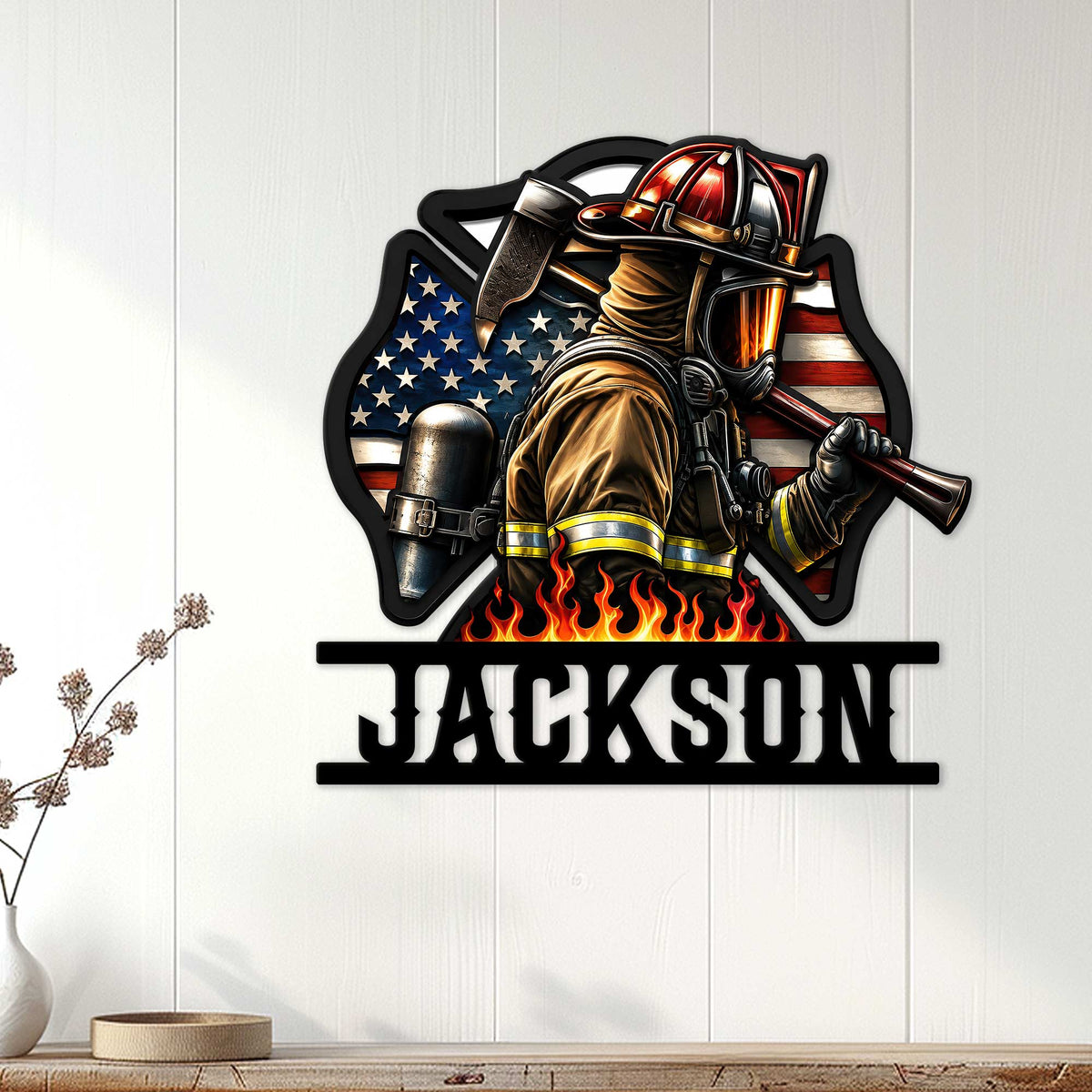 Firefighter wall sign displayed on a light wood-paneled wall in a home decor setting