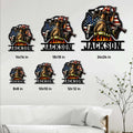 Firefighter metal sign size guide showing six square size options in a wall display