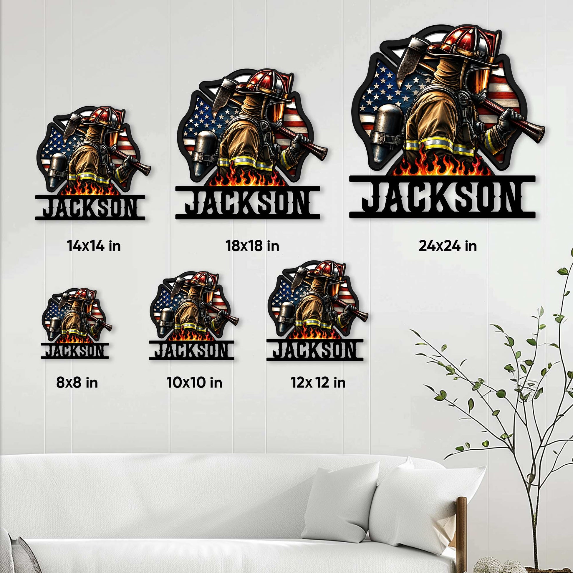 Firefighter metal sign size guide showing six square size options in a wall display