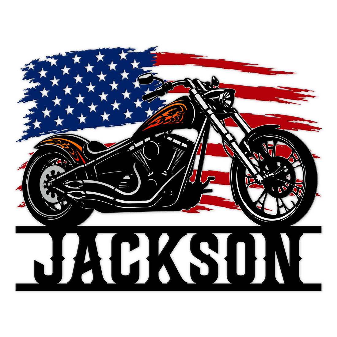 Biker metal sign featuring a bold black cruiser motorcycle against a distressed American flag