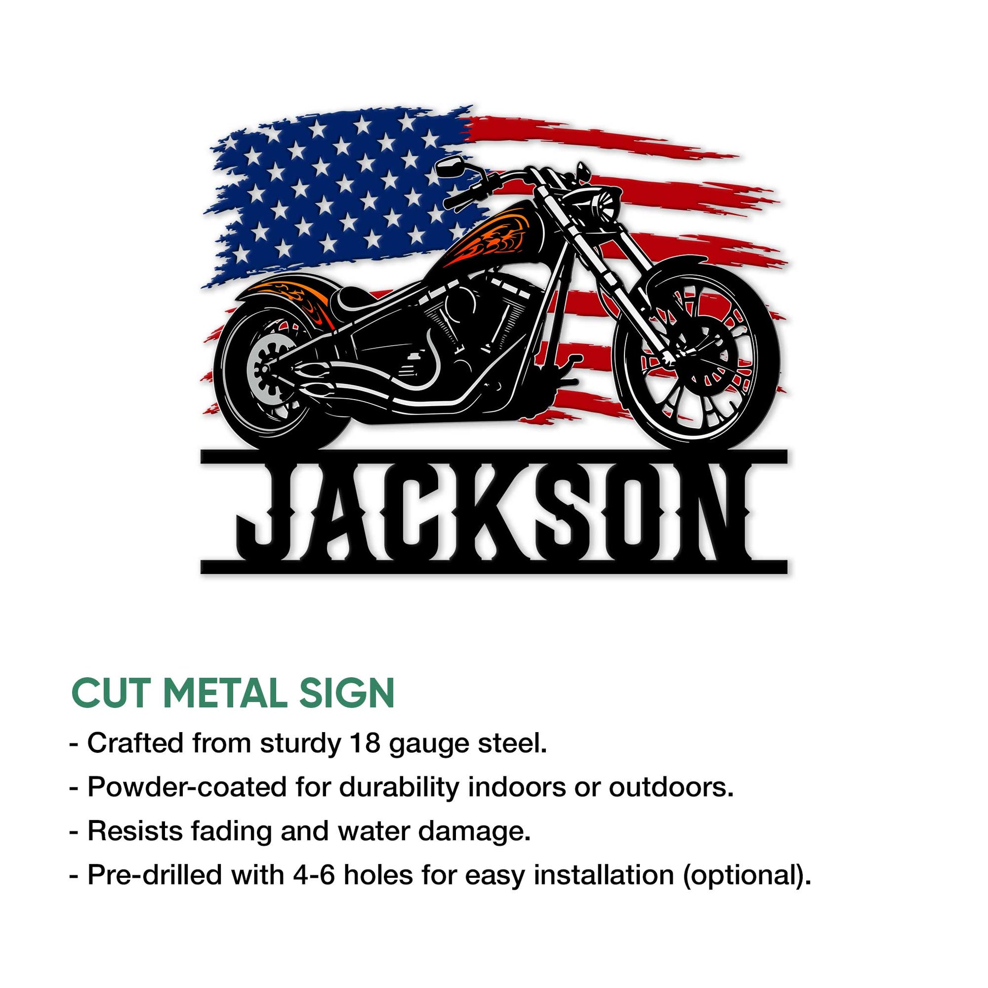 Biker motorcycle metal sign feature graphic highlighting cut-metal construction and display options