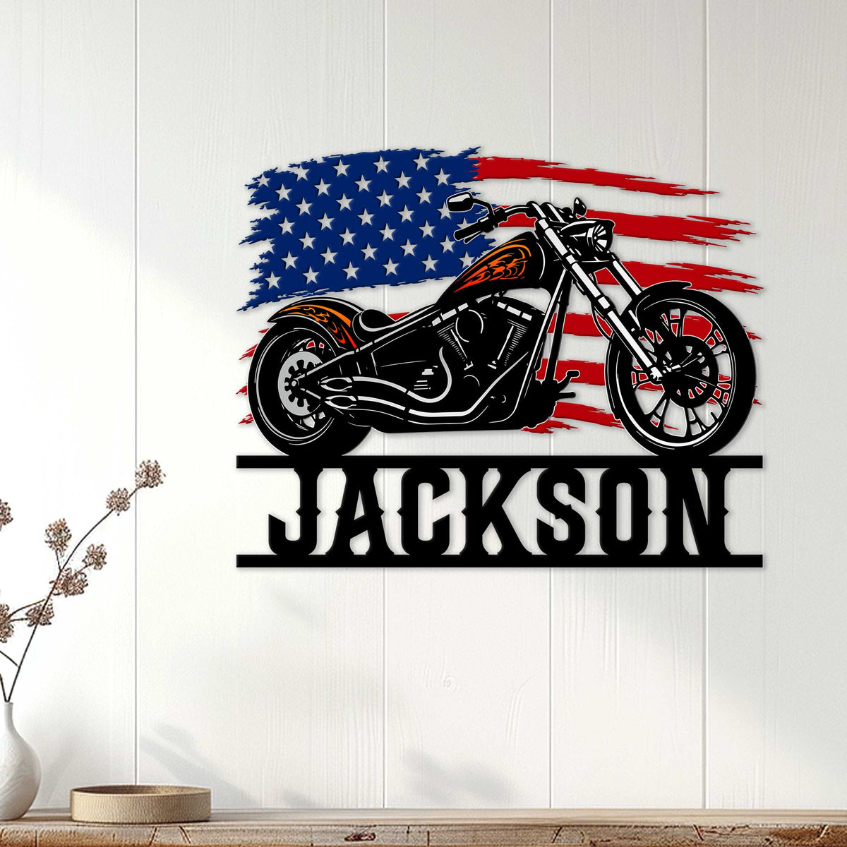 Biker motorcycle wall sign displayed on a light wood-paneled wall in a home interior