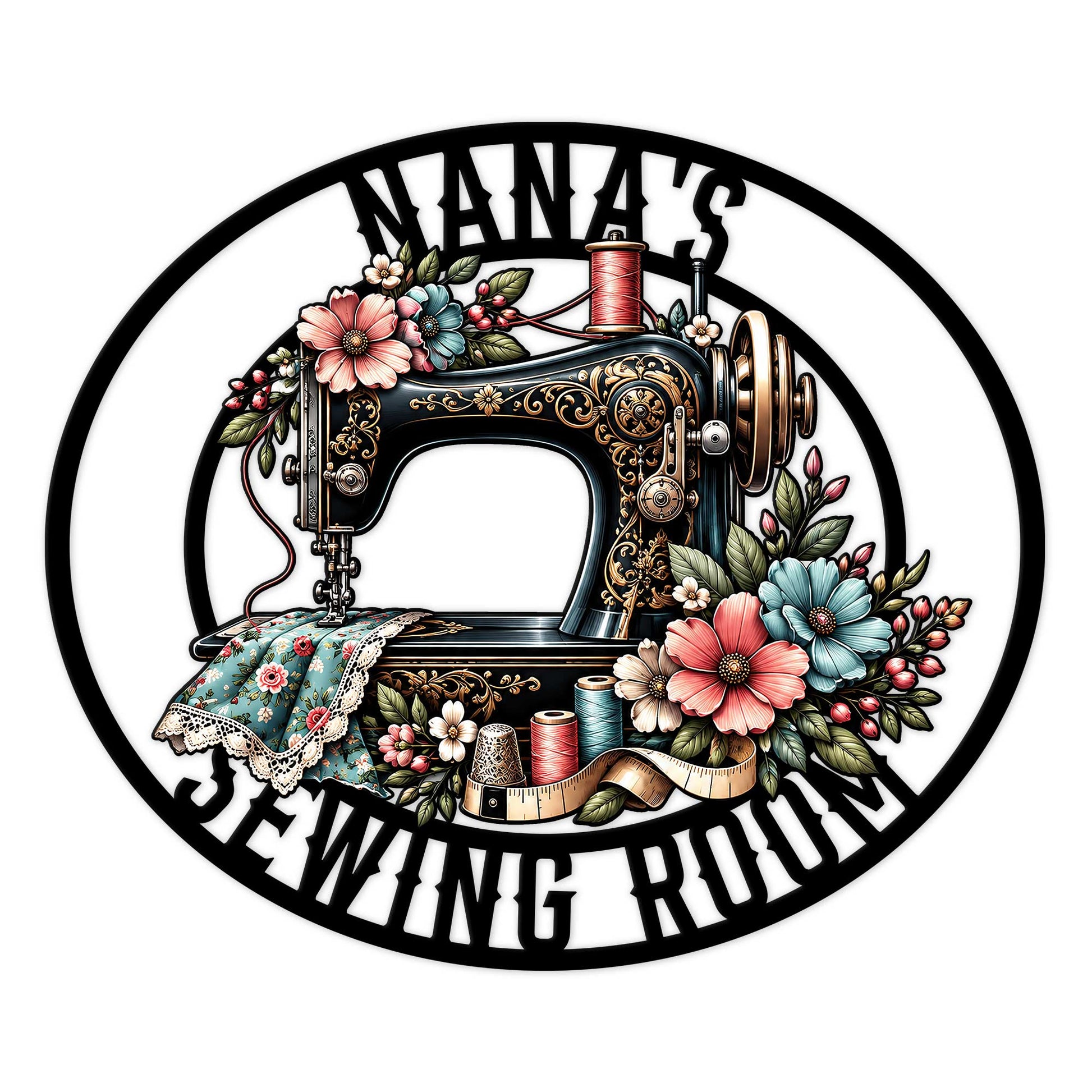 Floral vintage sewing machine metal sign with thread spools, fabric, measuring tape, and sewing room lettering