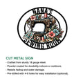 Decorative sewing room metal sign featuring an ornate sewing machine, colorful flowers, fabric, and thread
