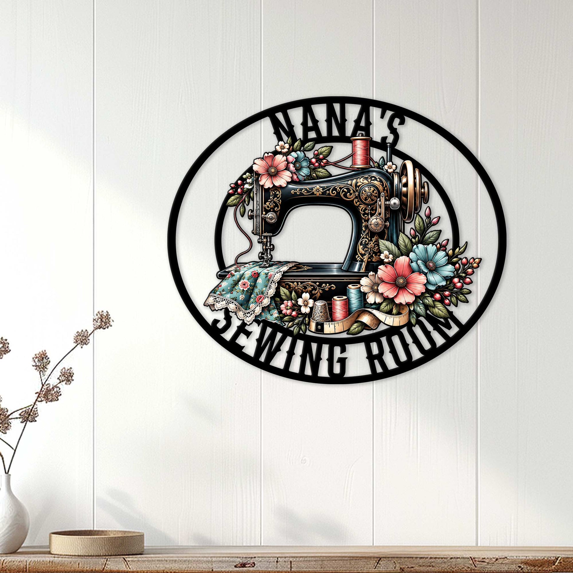 Sewing machine wall sign displayed on white paneling as cozy sewing room decor