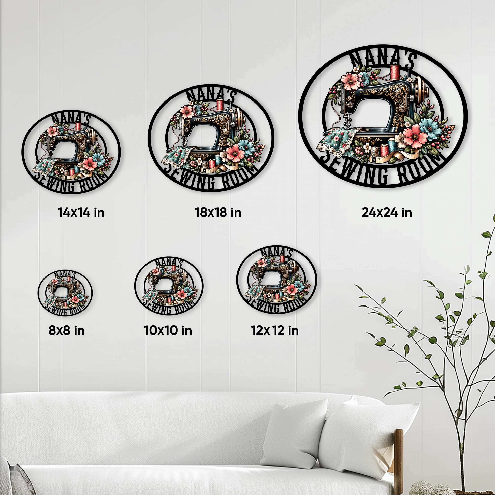 Sewing room metal sign size guide showing available square sizes from 8 by 8 to 24 by 24 inches