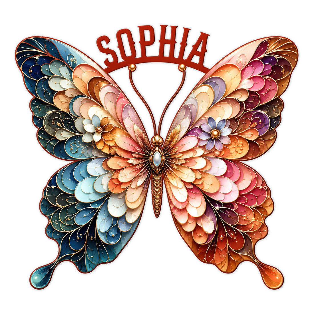 Ornate colorful butterfly metal sign with jewel-toned floral wings and decorative antennae