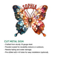 Colorful butterfly cut metal sign shown with product feature information for indoor or outdoor decor