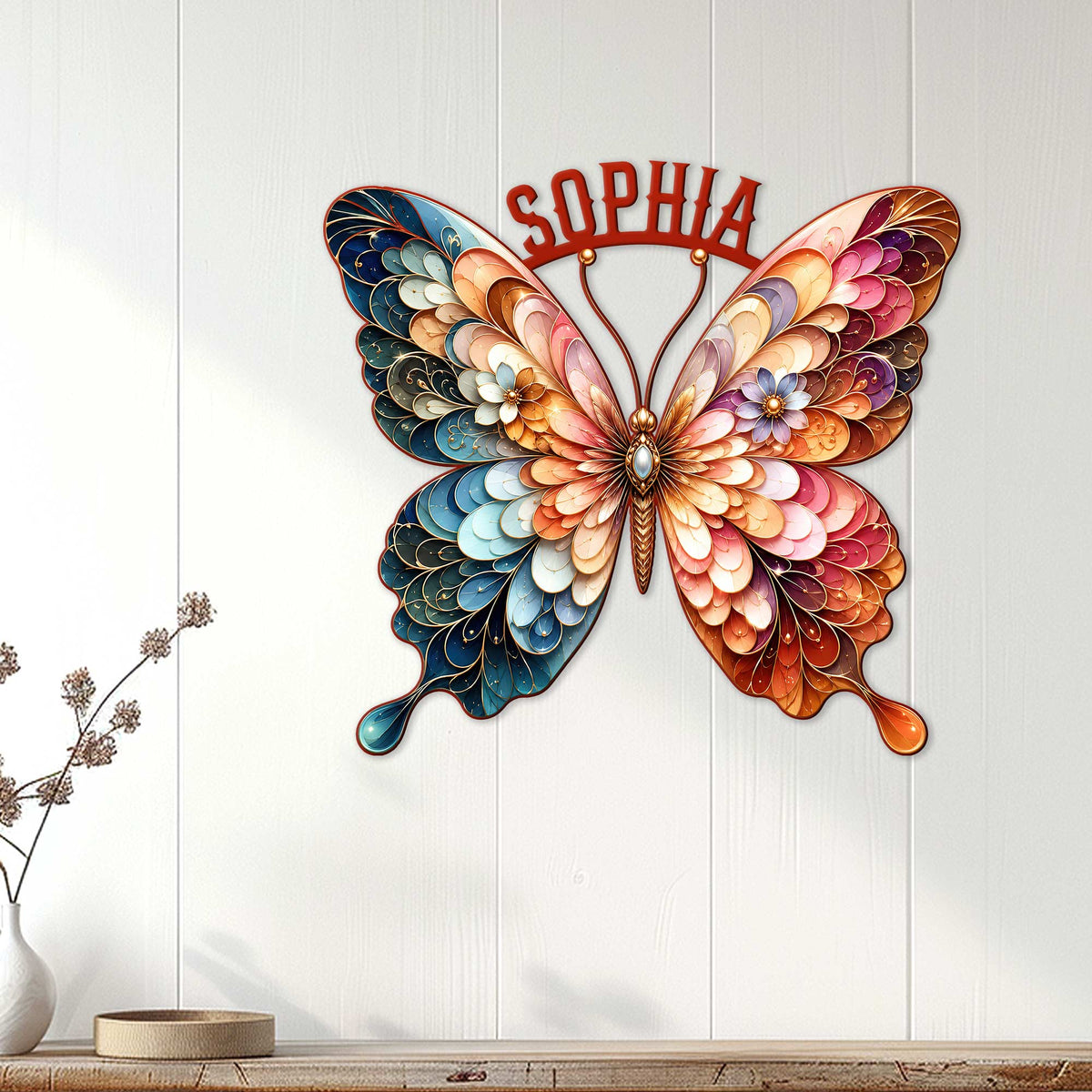 Decorative butterfly metal wall sign displayed on a light wood-paneled wall in a bright room