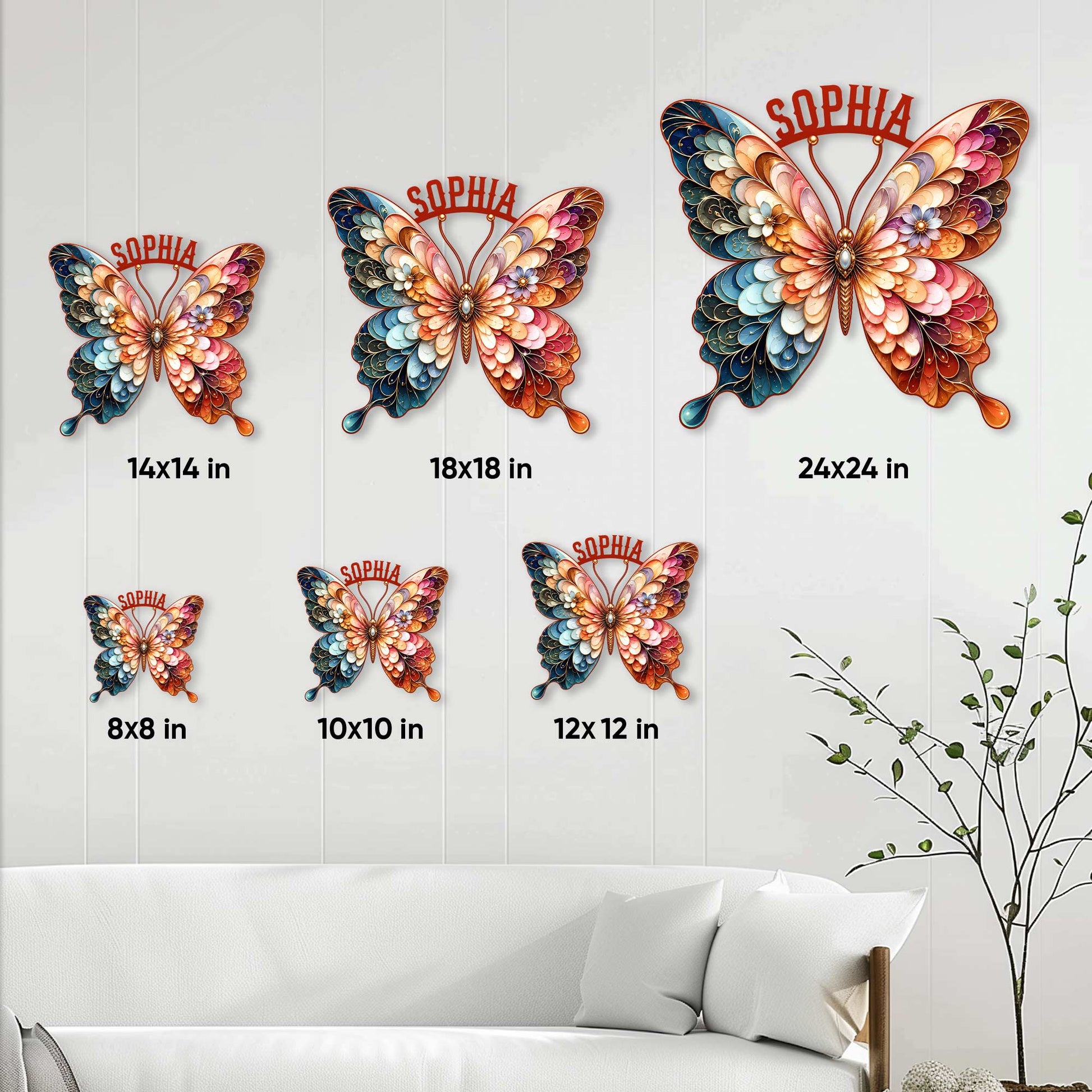 Butterfly metal sign size guide showing available square sizes from 8 by 8 to 24 by 24 inches