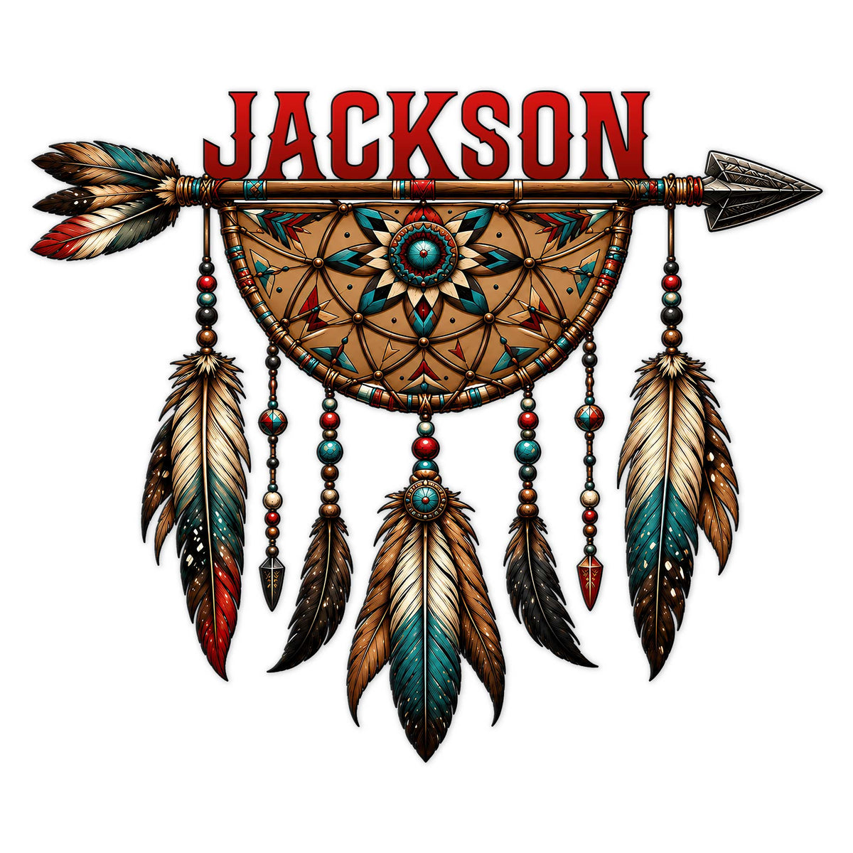 Custom Native American-inspired metal sign featuring a colorful dreamcatcher, arrow, beads, and layered feathers