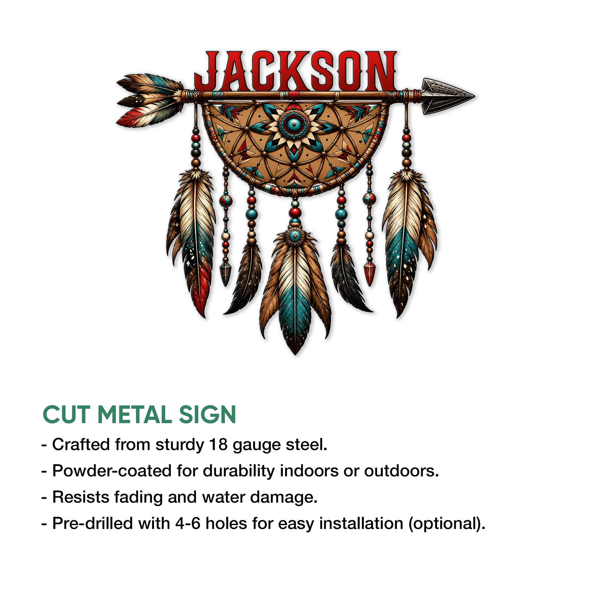 Native American-inspired dreamcatcher metal sign shown with a cut metal sign feature overview