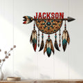 Native American-inspired feather and dreamcatcher metal sign displayed as colorful wall decor in a home