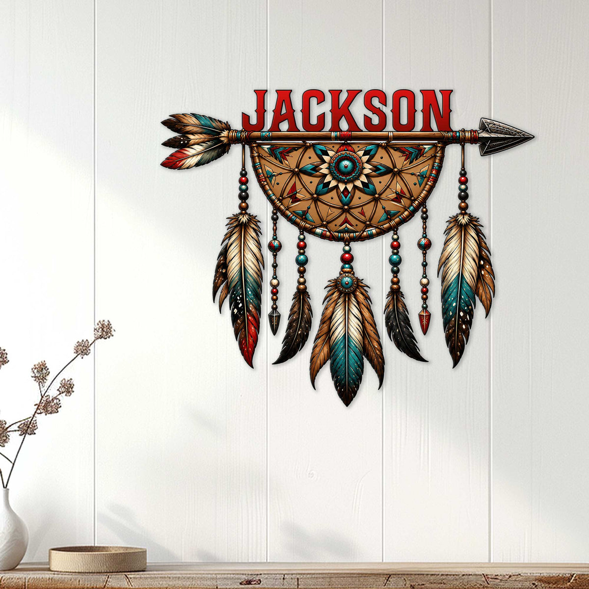 Native American-inspired feather and dreamcatcher metal sign displayed as colorful wall decor in a home