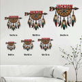 Native American-inspired dreamcatcher metal sign size guide showing multiple square size options
