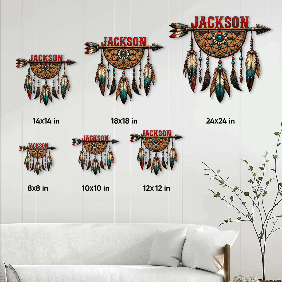 Native American-inspired dreamcatcher metal sign size guide showing multiple square size options