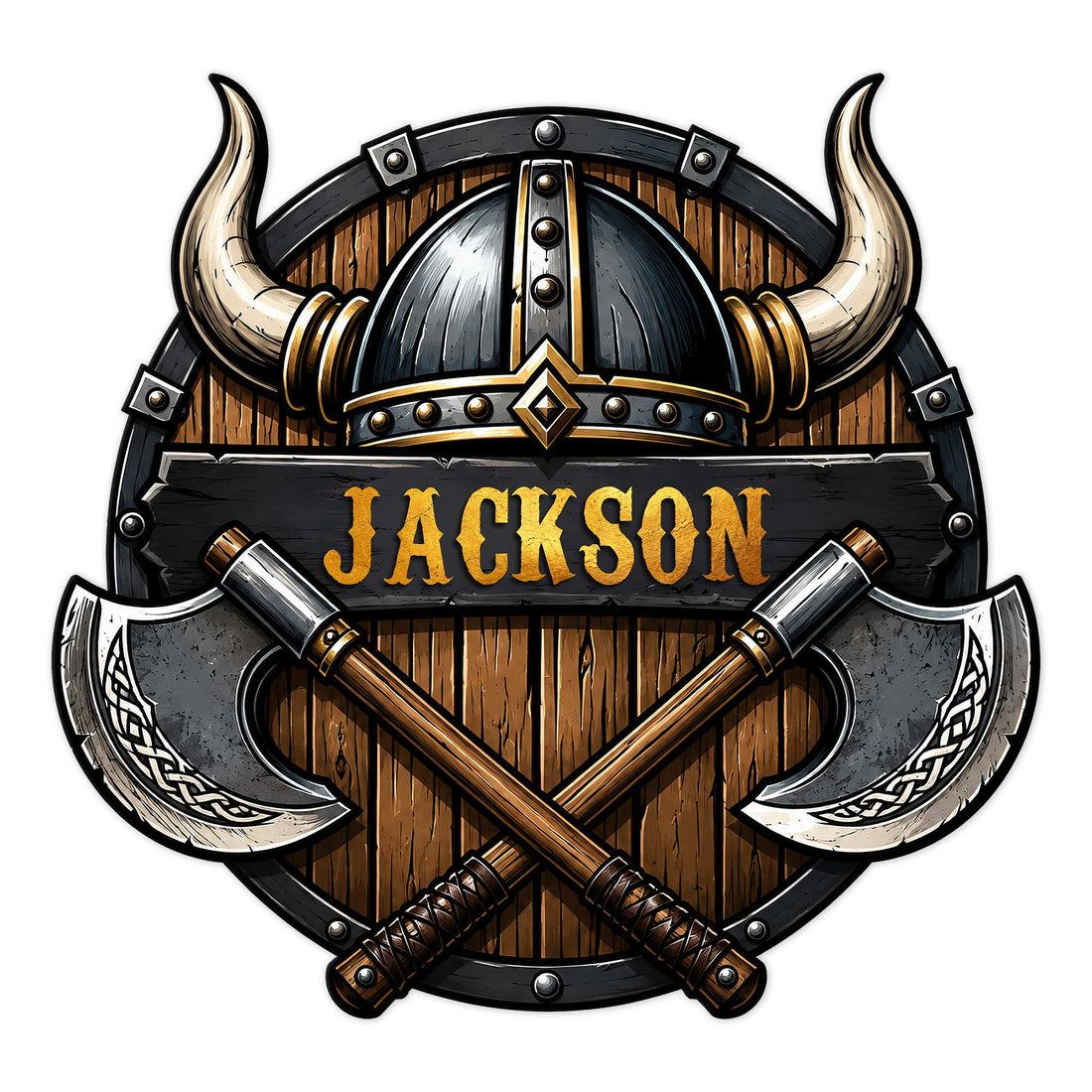 Custom Viking metal sign featuring a horned helmet, crossed axes, and a Norse-inspired shield design