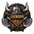Custom Viking metal sign featuring a horned helmet, crossed axes, and a Norse-inspired shield design