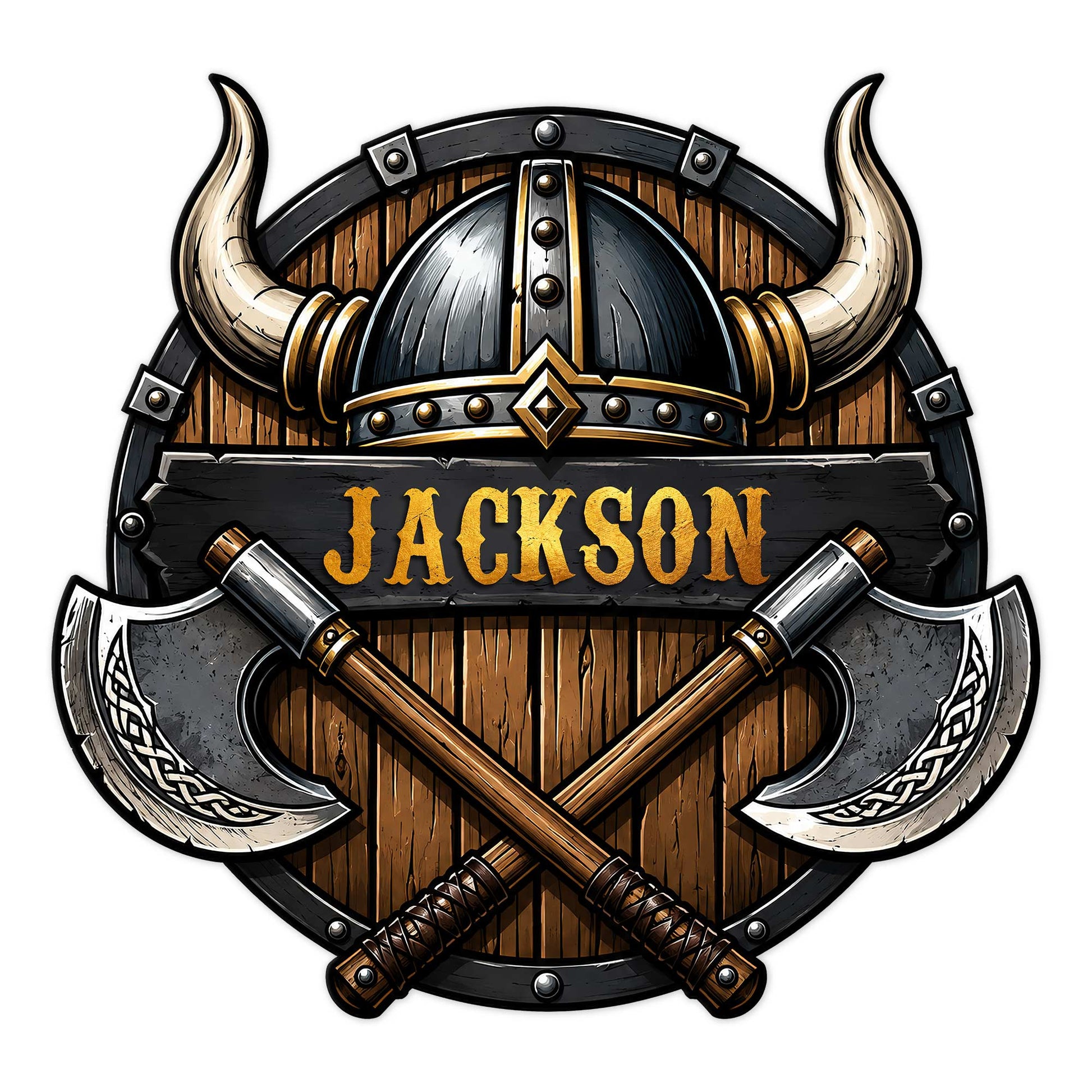 Custom Viking metal sign featuring a horned helmet, crossed axes, and a Norse-inspired shield design