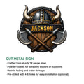 Viking horned helmet metal sign with crossed battle axes shown in a cut metal sign feature graphic