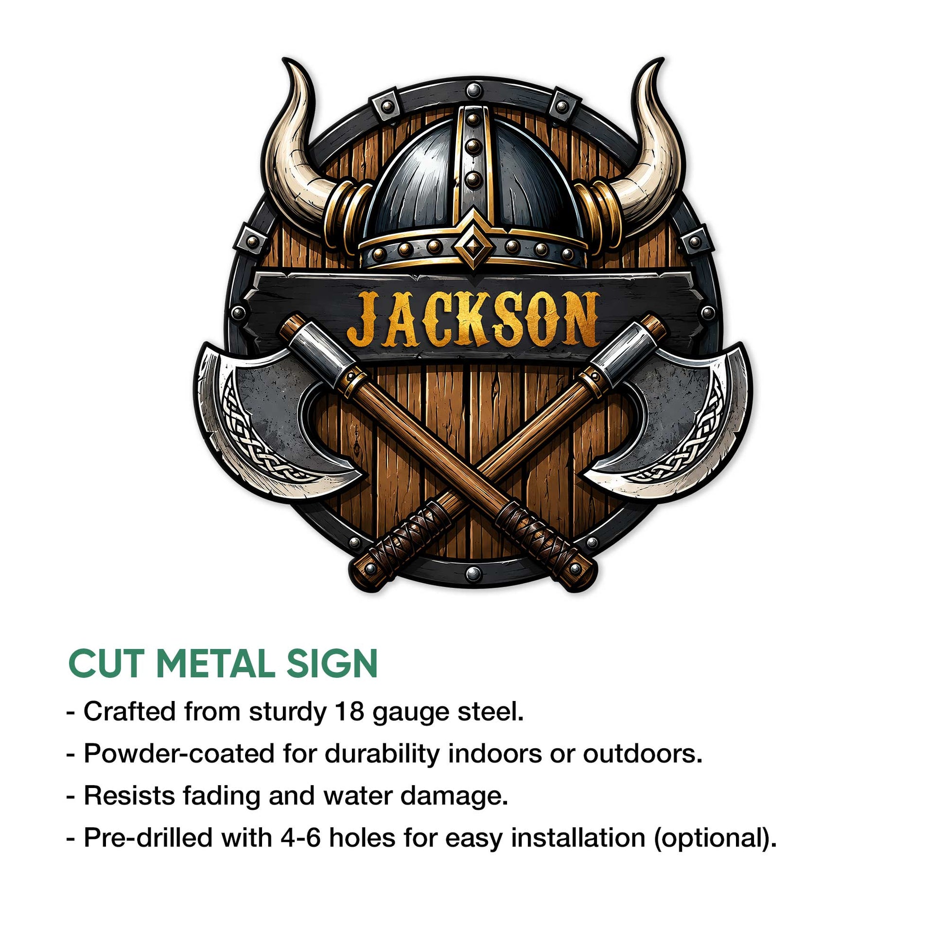 Viking horned helmet metal sign with crossed battle axes shown in a cut metal sign feature graphic
