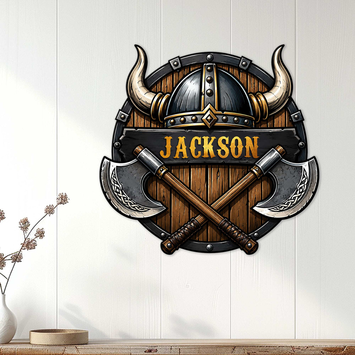 Viking metal wall sign displayed on a light wood-paneled wall above a console