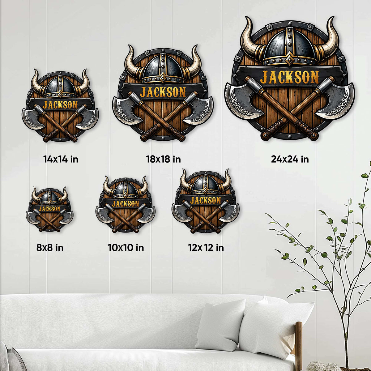 Viking helmet and crossed axes metal sign shown in multiple size options on a living room wall