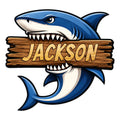 Bold blue shark bursting through a rustic wood plank design on a custom metal sign
