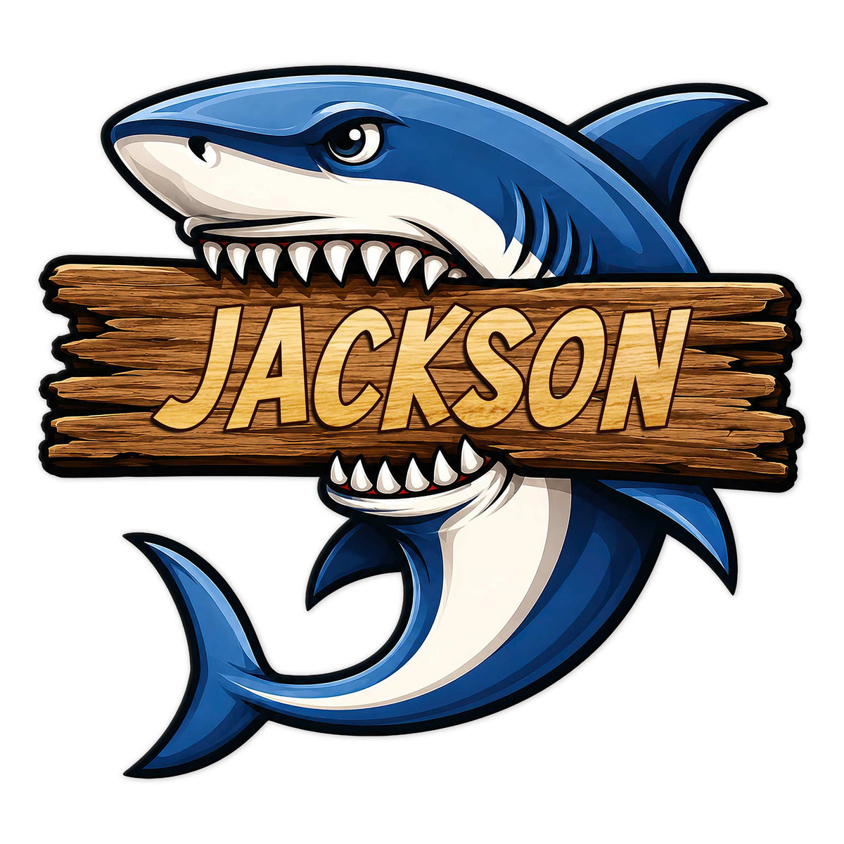 Bold blue shark bursting through a rustic wood plank design on a custom metal sign