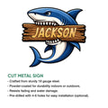Shark cut metal sign shown with product feature information and a bold ocean-inspired design
