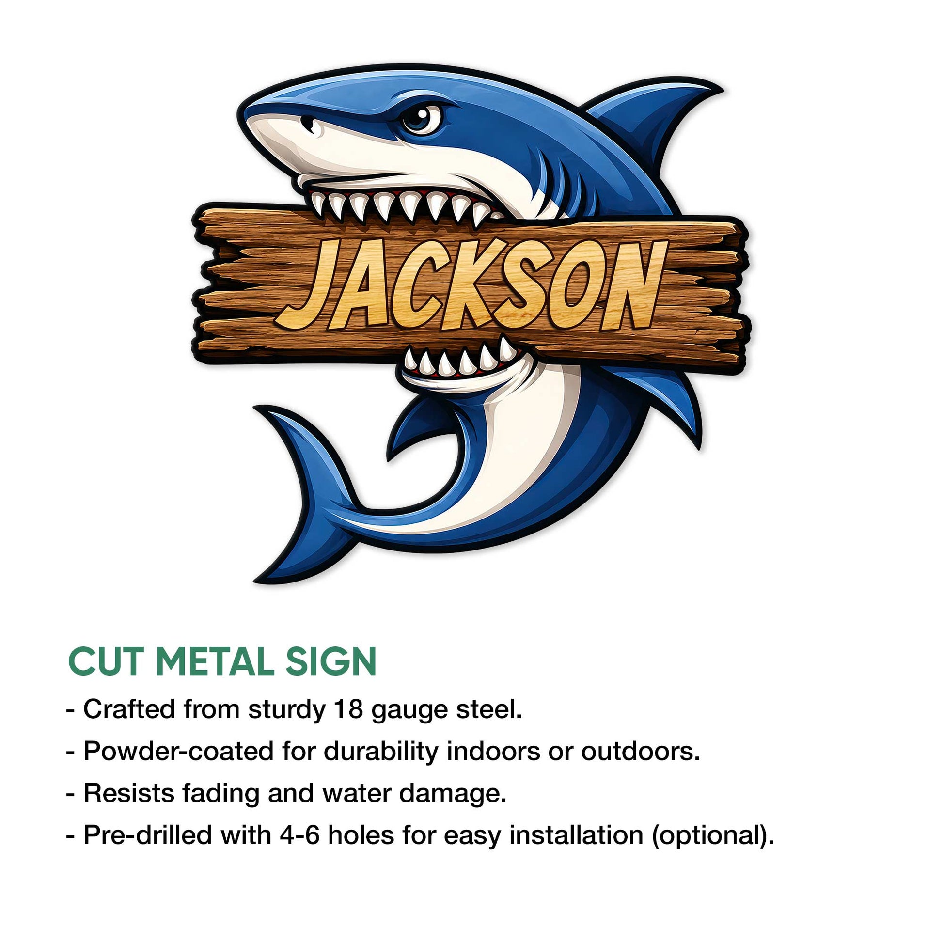 Shark cut metal sign shown with product feature information and a bold ocean-inspired design