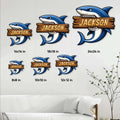 Shark metal sign size guide showing six square size options from 8 by 8 to 24 by 24 inches