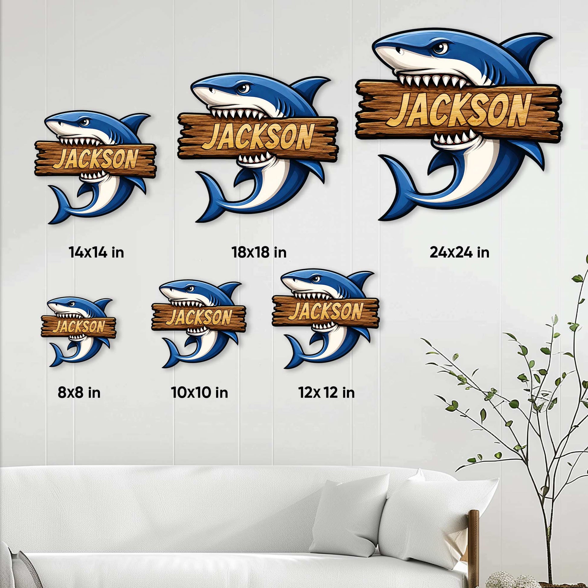 Shark metal sign size guide showing six square size options from 8 by 8 to 24 by 24 inches