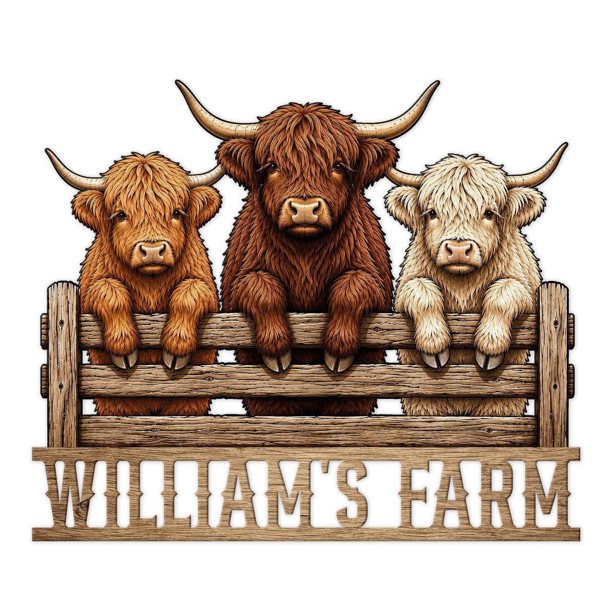Three Highland cows leaning over a rustic fence on a custom metal farm sign