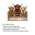 Highland cow metal sign featuring three cows, rustic fence artwork, and a cut-metal sign feature guide