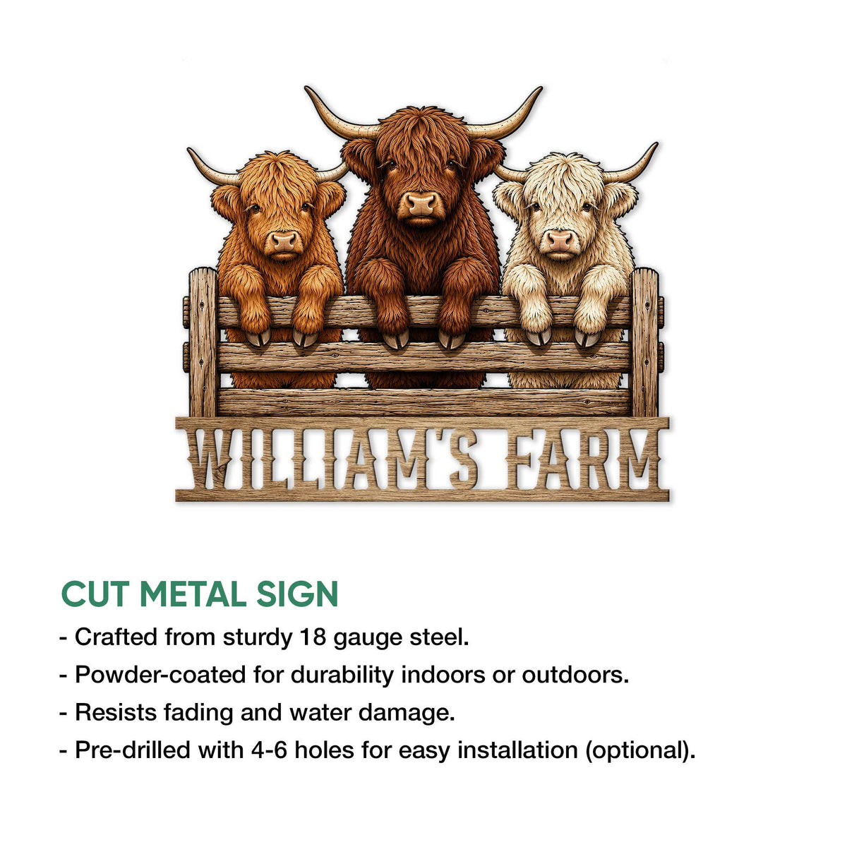 Highland cow metal sign featuring three cows, rustic fence artwork, and a cut-metal sign feature guide
