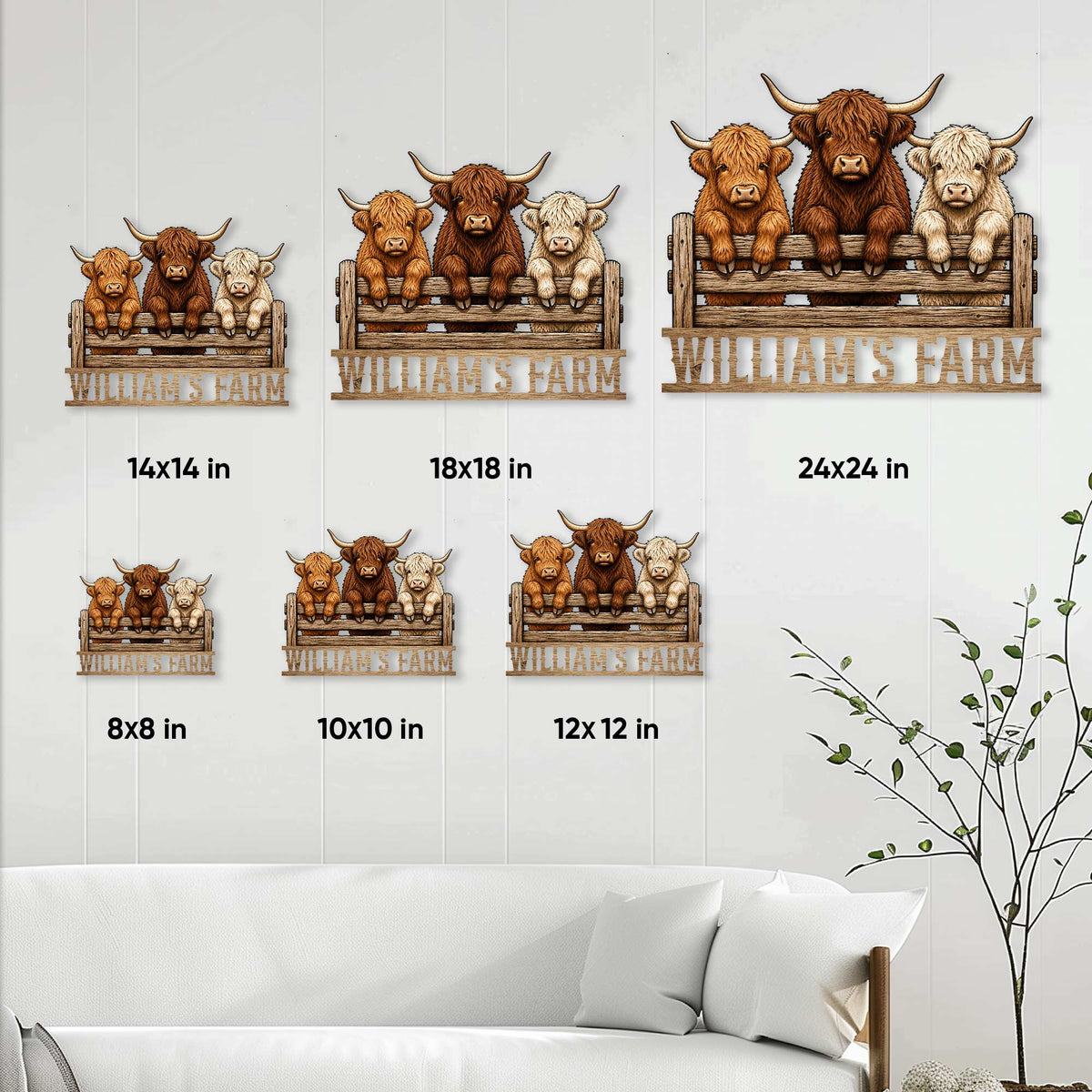 Highland Cow metal sign size guide showing six available square dimensions in a room setting
