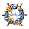 Nautical ship wheel metal sign with rope, seashells, and colorful starfish in a coastal wreath design